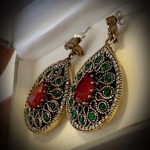 RUBY EMERALD GEM ART EARRINGS Solid 925 Solid/Gold
